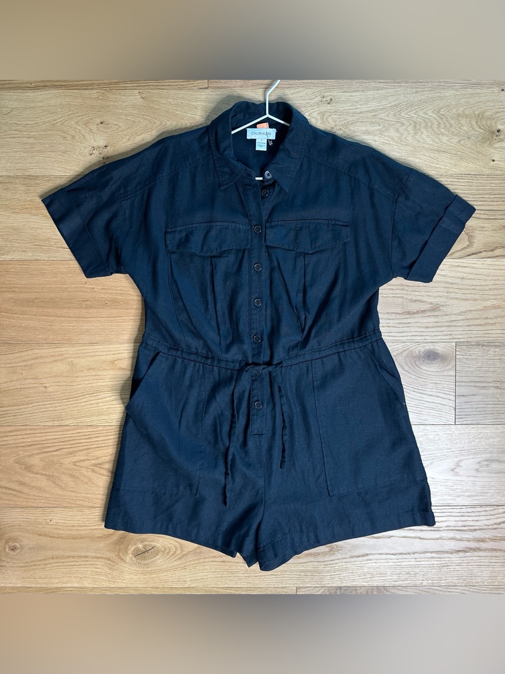 Calvin Klein Womens Linen Shorts Romper Tie Waist Size 8 Black Beach Resort EUC